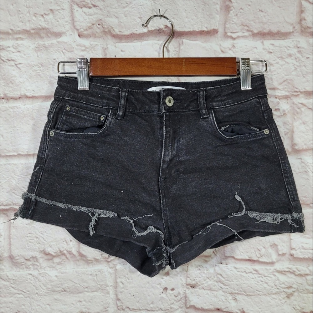 Zara Black High Rise Distressed Cuffed Booty Button Fly Jean Shorts